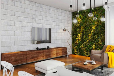 Inspiration for an industrial living room remodel in Montreal with gray walls