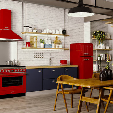 Retro Smeg Kitchen with Red Appliances and Blue Cabinets