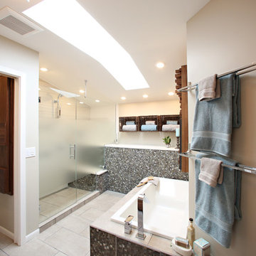 Modern Blue Bathroom with Privacy Screen Shower Glass in Minneapolis