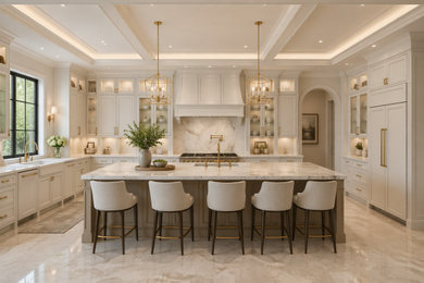 Example of a large minimalist u-shaped marble floor, multicolored floor and coffered ceiling eat-in kitchen design in Tampa with a farmhouse sink, shaker cabinets, white cabinets, quartz countertops, multicolored backsplash, quartz backsplash, stainless steel appliances, an island and multicolored countertops