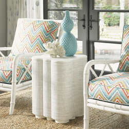 Ivory Key Quatrefoil Shaped Spar Point Chairside Table With Woven Raffia - Products
