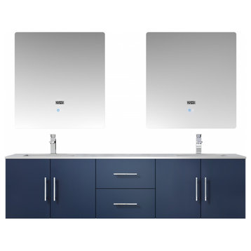 72" Double Bathroom Vanity, Wall Mount, Navy Blue, Marble, Mirror