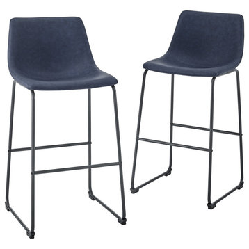 30" Industrial Faux Leather Barstools, Set of 2,  Navy Blue