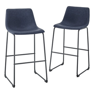 30" Industrial Faux Leather Barstools, Set of 2,  Navy Blue