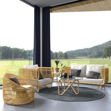 4 Pieces Rattan Outdoor Sofa Set with Glass Top Coffee Table and Cushions in Yel