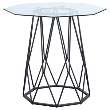 Contemporary End Table, Octagonal Rounded Metal Base & Clear Glass Top, Black