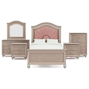 FOA Devado 6pc Rose Gold Wood Bed Set-Twin+2 Nightstands+Chest+Dresser+Mirror