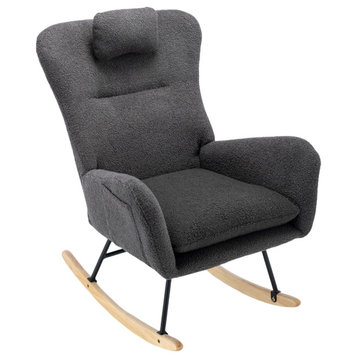 TATEUS 35.5" Rocking Chair, Soft Teddy Velvet Fabric Rocking Chair, Grey