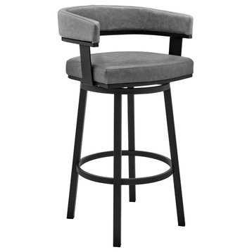 Cohen Swivel Bar Stool, Faux Leather, Black Finish Paint Frame and Gray, 30"