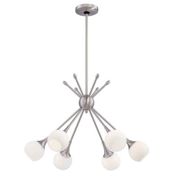 Pontil 6-Light Chandelier, Brushed Nickel With Etched Opal Glass Glass