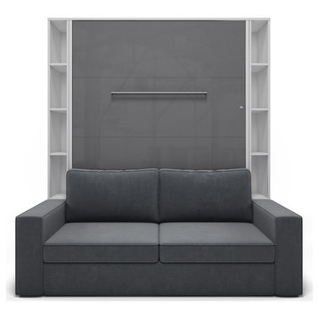 Wall Bed With Sofa, Cabinets, Full XL, White/Gray/Gray