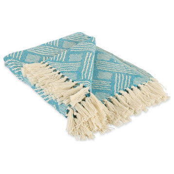 DII 50x60" Modern Cotton Basketweave Woven Throw with Fringe in Teal Blue