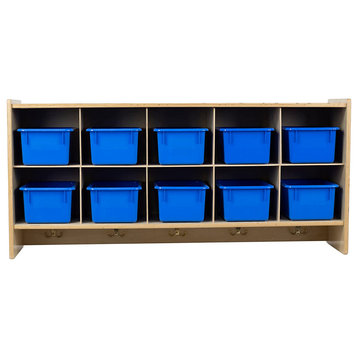 10 Section Wood Cubbies Storage, Blue Bins, Wall Hanging Organizers
