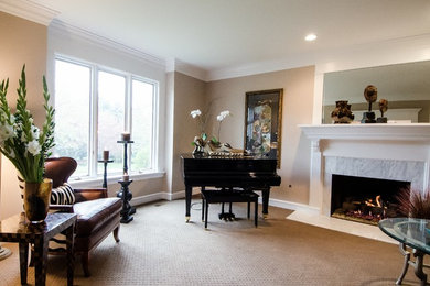 Design ideas for a traditional living room in Chicago with a standard fireplace and a stone fireplace surround.