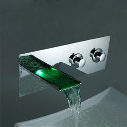 Contemporary Color Changing LED Two Handles Waterfall Widespread Bathroom Sink F - Bathroom Sink Faucets