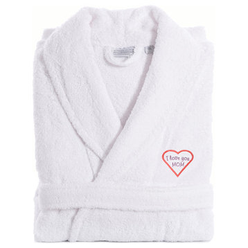"I Love You Mom" Embroidered White Terry Bathrobe, Pink, Large/XLarge