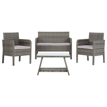 4-Piece Patio Set, Wicker In Neutral Grey Tones, Cushioned Seat for Your Comfort