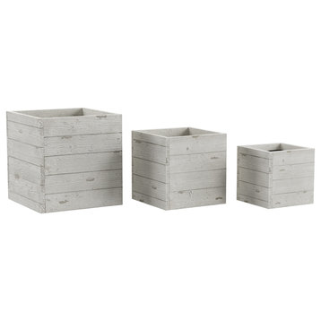 3-Piece Varying Height Square Wood Look Fiber Clay Planters