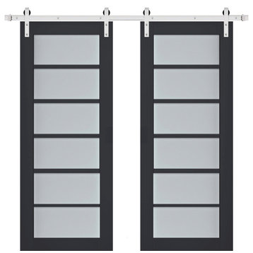 Double Barn Door 64 x 84, Veregio 7602 Antracite & Frosted Glass, Silver 13FT