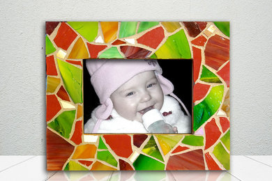 Red and Green Stained Glass Mosaic Picture Frame, Upcycled Wooden Frame