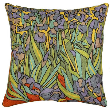 Irises Pillow Cover Van Gogh Accent Throw Pillowcase Hand Embroidered Wool 18x18