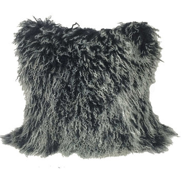 24" Black Genuine Tibetan Lamb Fur Pillow With Microsuede Backing