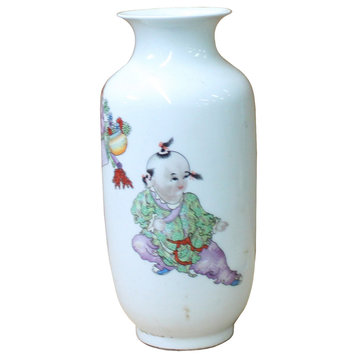 Chinese Distressed Off White Porcelain Children Scenery Vase Hws1090