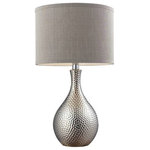 Elk Home - 22" Hammered Chrome Table Lamp, Chrome, Standard - This lamp is part of a collection that is relaxed, comfortable and pure with a focus on light color and metallic. Tonal whites, neutrals, soft gold, silver and copper hues dominate this sensibility. The collection also makes use of interesting textures, such as soft wood grain surfaces, light, high gloss finishes, natural tones and monochromatic patterns with organic shapes and modern designs. The Hammered Chrome Plated Ceramic Table Lamp is topped with a round hard back shade in grey faux silk with a grey fabric liner. The base measures 12"W x 12"D x 22"H with shade measurements of 12''W x 12"D x 9"H. The fixture uses one 60 watt medium bulb with a line switch.