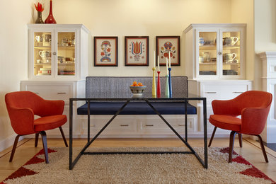 Great room - mid-sized 1960s light wood floor great room idea in San Francisco with yellow walls
