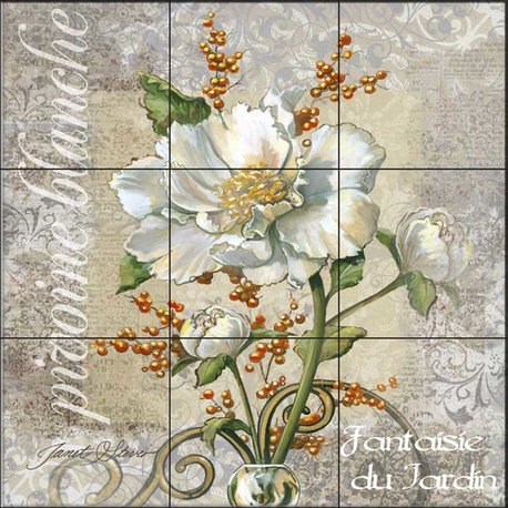 Tile Mural, White Peony Fantasy by Janet Stever