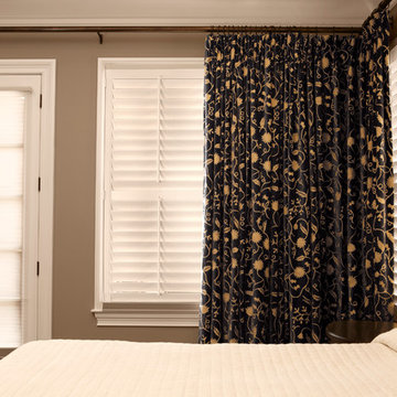 Blue velvet crewel curtain panels