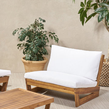 Elloree Outdoor Acacia Wood Club Chair With Cushions, Teak/White