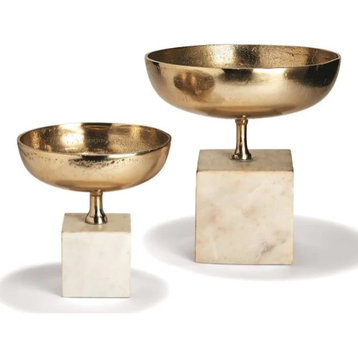 Two's Company Chalice Bowl Sculptures on Marble Base, Set of 2