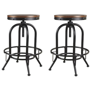 Home Square 2 Piece Swivel Metal Bar Stool Set with Wood Top in Brown and Black