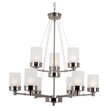 Nine Light Brushed Nickel White Frosted Glass Up Chandelier