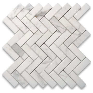 Statuary White Statuario Marble 1x3 Herringbone Mosaic Tile Honed, 1 sheet