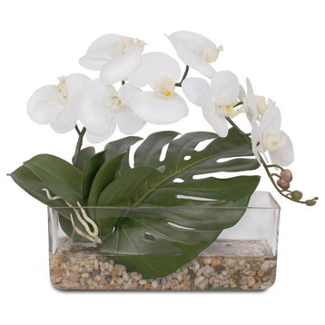 White Phalaenopsis Orchid, Philo Leaf, Pebbles, Artificial Water in Glass Vase
