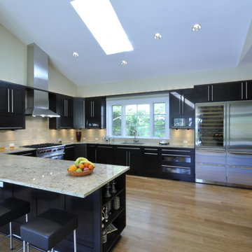 Transitional Dark Wood Cabinetry Kitchen with Beverage Center