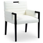 Meridian Furniture - Aimee Upholstered Dining Arm Chair, Cream, Vegan Leather, Black - A perfect fusion of modern elegance and eco-friendly luxury is the Aimee cream vegan leather dining armchair. Upholstered in sleek vegan leather, this chair offers a chic, contemporary look while maintaining a commitment to sustainable living. The padded, quilted design featuring solid black wood legs and armrests creates a stunning contrast between its soft upholstery and minimalist frame.