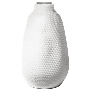 Low Round Ceramic Vase with Weaving Design Body Matte White Finish, Large