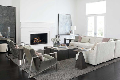 Design ideas for a contemporary formal living room in Orlando with white walls, a standard fireplace, a stone fireplace surround, no tv and black floor.