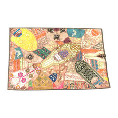 Mogulinterior - Indian Embroidered Beige Tapestry Wall Hanging Patchwork Sari - Tapestries