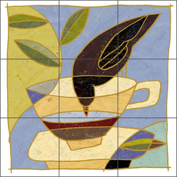 Ceramic Tile Mural Backsplash, Drinking Bird Cup by Traci O'Very Covey, 18"x18"