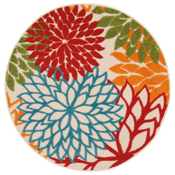 Aloha Green 4 ft. x 4 ft. Floral Contemporary Indoor/Outdoor Round Rug