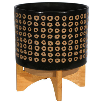 Planter With Wooden Stand and Abstract Design, Large, Black