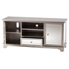 Contemporary TV Stand, Beveled Mirror Accents With Crystal Knobs, Silver Finish