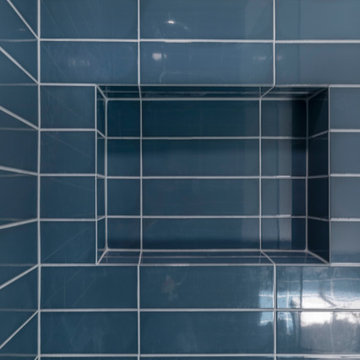 Mid-Century Modern Blue Primary Bathroom Remodeling