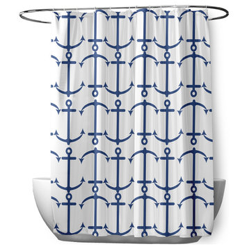 70"Wx73"L Anchor Pattern Shower Curtain, Nautical Navy