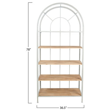 Farmhouse Bookcase, Sturdy Metal Frame With Arched Top & 5 Wooden Shelves, Gray