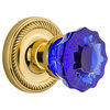 Rope Rosette Privacy Crystal Cobalt Glass Knob, Unlaquered Brass
